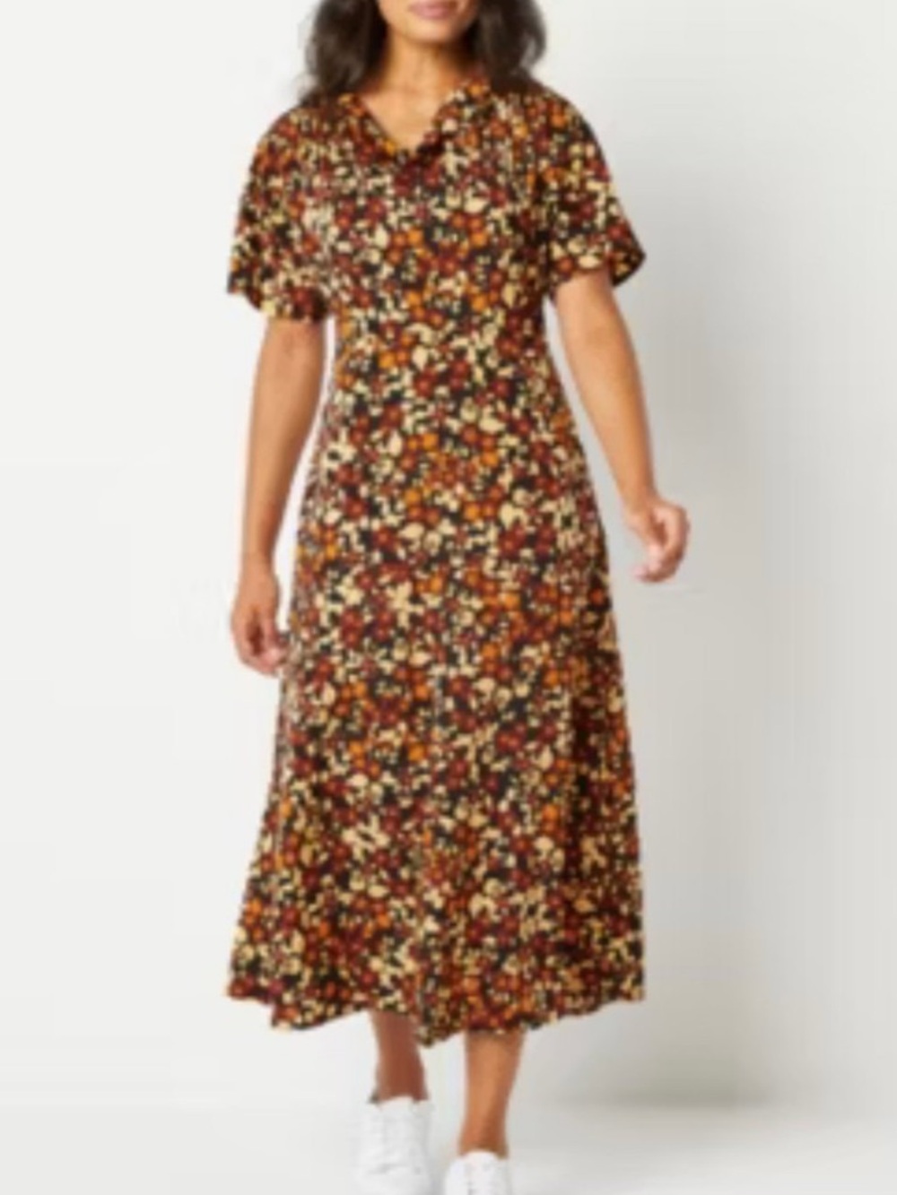 Warner Bros. Abbott Elementary Midi Dress cinnamon floral brown orange L NWT